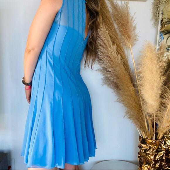 CALVIN KLEIN Blue Button Sheer Chiffon Back Pleated Stripe Knee Length Dress 6 - Picture 3 of 10